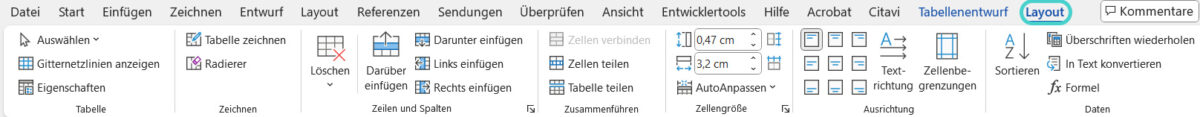 Word: Tabellenlayout