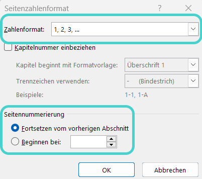 Word: Einstellungen für Seitenzahlen