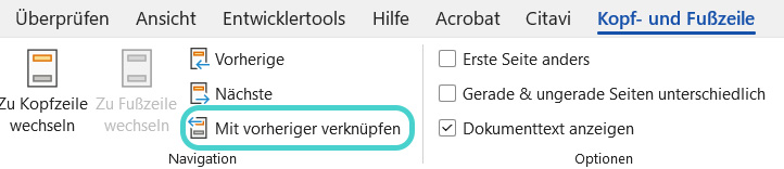 Word: Verknüpfung zu vorherigem Abschnitt entfernen
