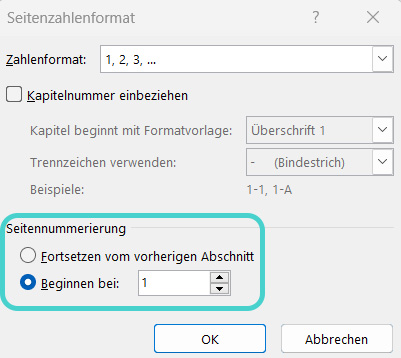 Word: in neuem Abschnitt bei Seitenzahl 1 beginnen