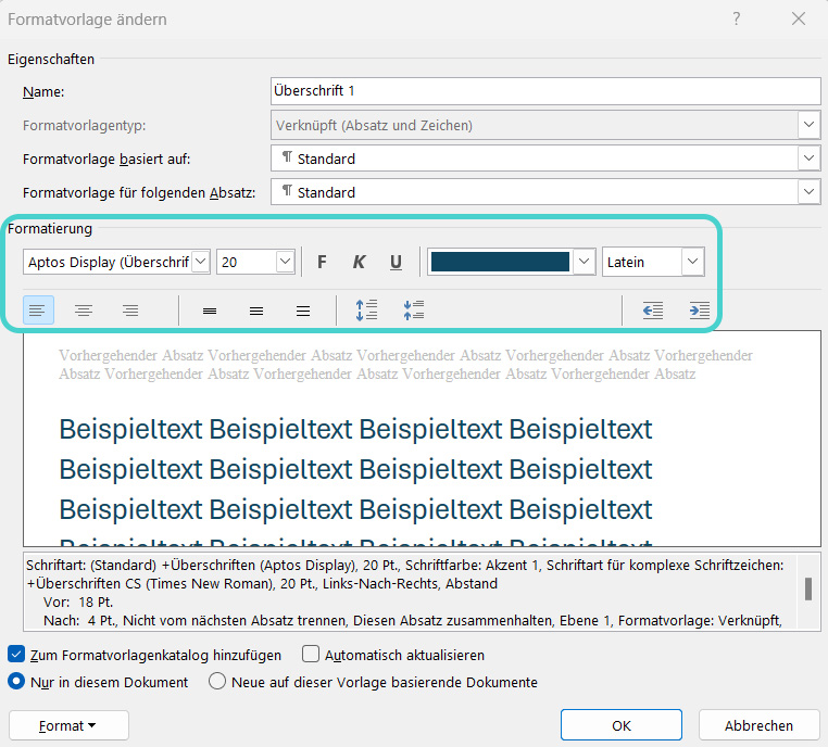 Word: Formatvorlage anpassen