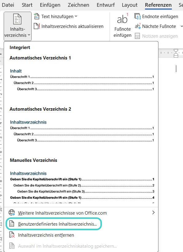 Word: Benutzerdefiniertes Inhaltsverzeichnis