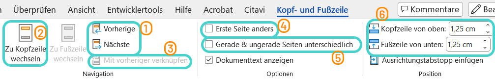 Word: Einstellungsoptionen in Kopf- und Fußzeile