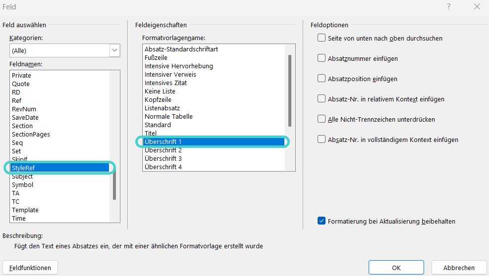 Word: Überschrift in Kopfzeile automatisch verknüpfen