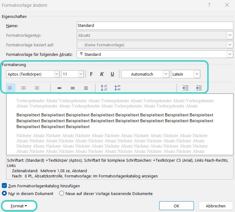Word: Formatvorlage ändern