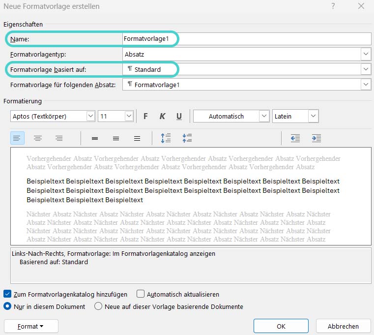 Word: Neue Formatvorlage erstellen