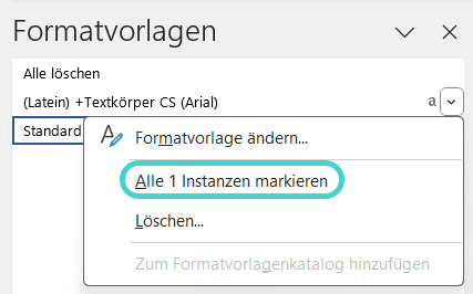Word: Instanzen bei Formatvorlagen markieren