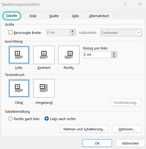 Word: Tabelleneinstellungen