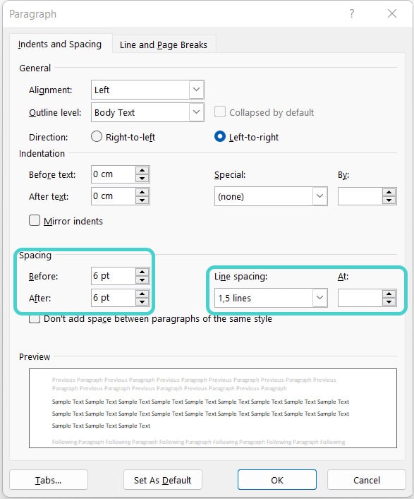Paragraph menu, MS Word