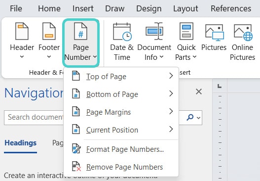Insert page numbers, MS Word