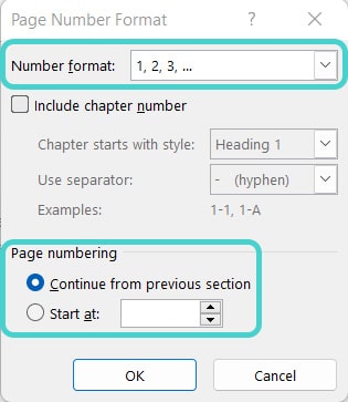 Page number format, Word