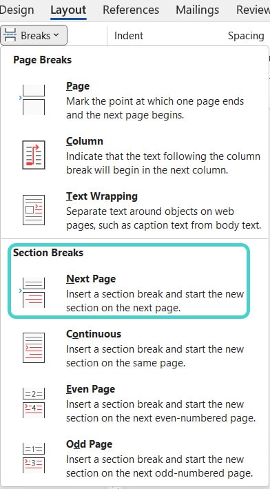 Section breaks, Word