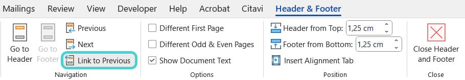 Unlink footer, Word