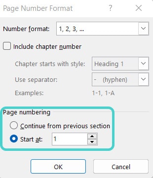 Page number format, Word