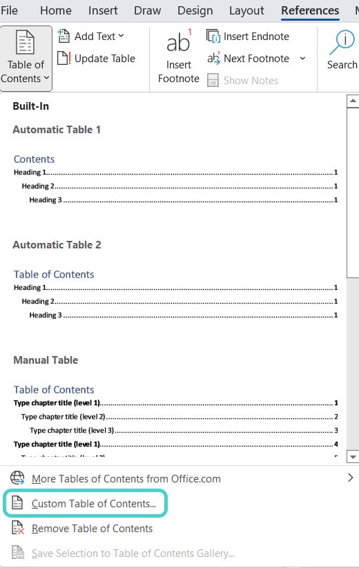 Custom table of contents, Word