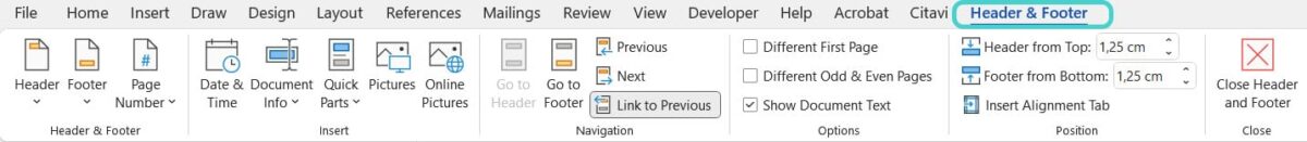 Insert header or footer, Word