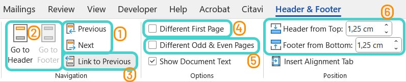 Header menu, Word