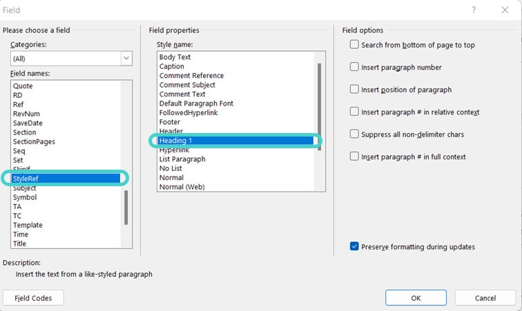 StyleRef in Quick Parts menu, Word