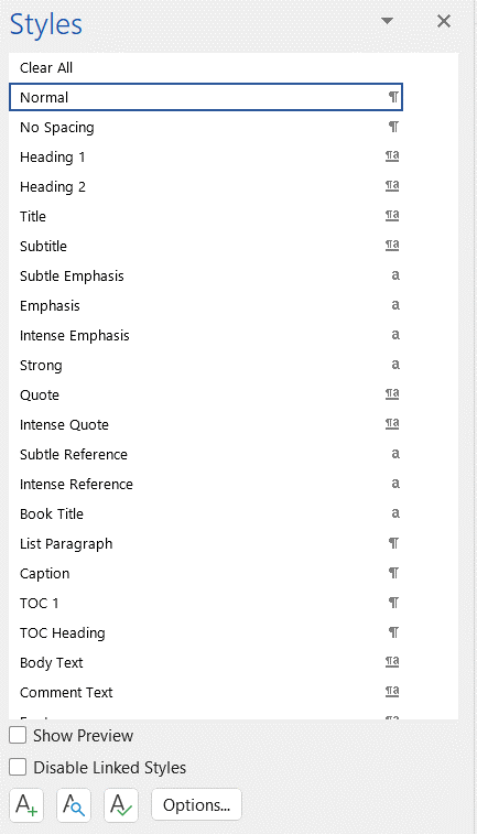 Style list, Word