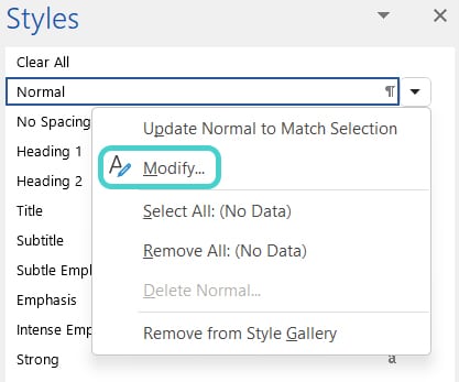 Modify styles, Word
