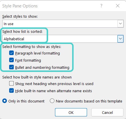 Style pane options, Word