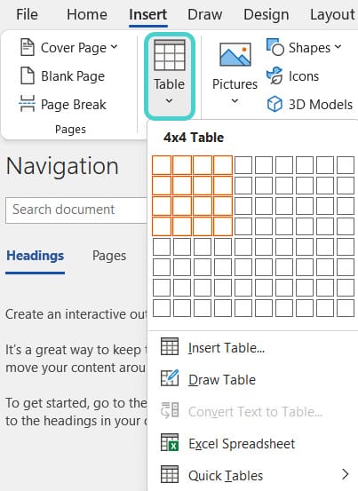 Insert table, Word