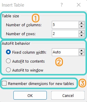 Insert table options, Word