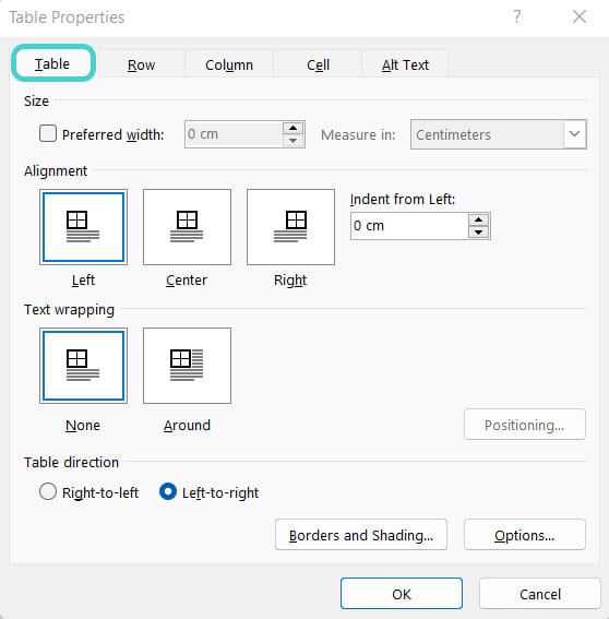 Table properties, Word
