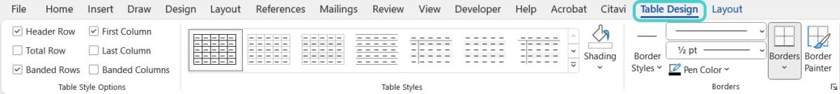 Table Design, Word