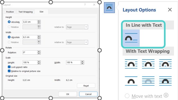 Picture layout: In Line with Text, Word