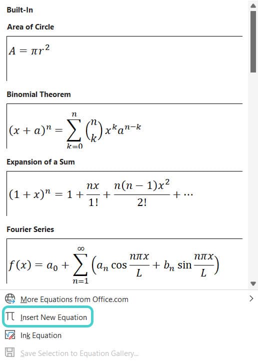 Insert new equation, Word