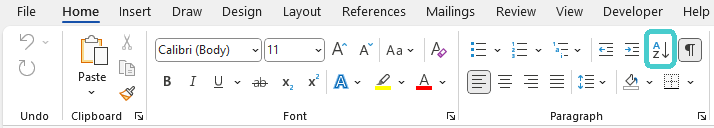 Screenshot of Microsoft Word: Sorting paragraphs