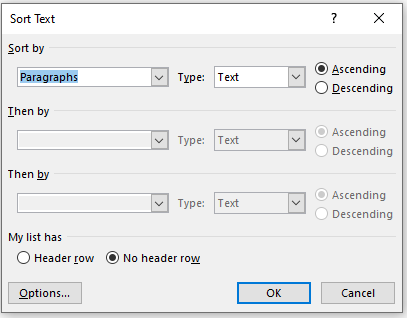 Screenshot of Microsoft Word: Sorting paragraphs in ascending order